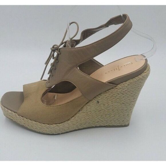 Nwob Cole Haan Nikeair Heath Womens Tan Leather Fabric Lace Up Wedge sandal 10B - Picture 5 of 10